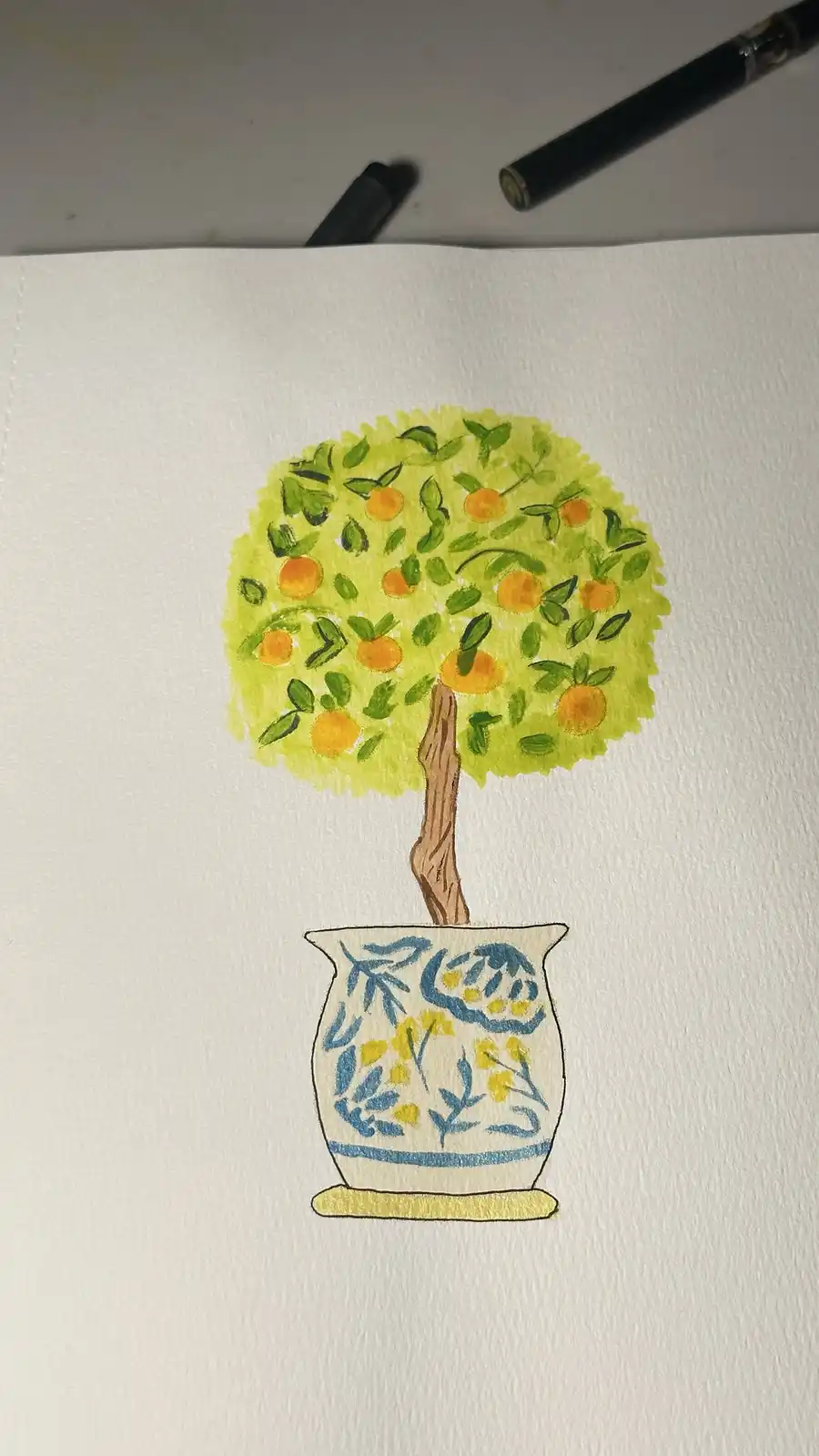 A hand-drawn illustration on textured white paper shows a stylized potted tree with a rounded canopy of green leaves and…