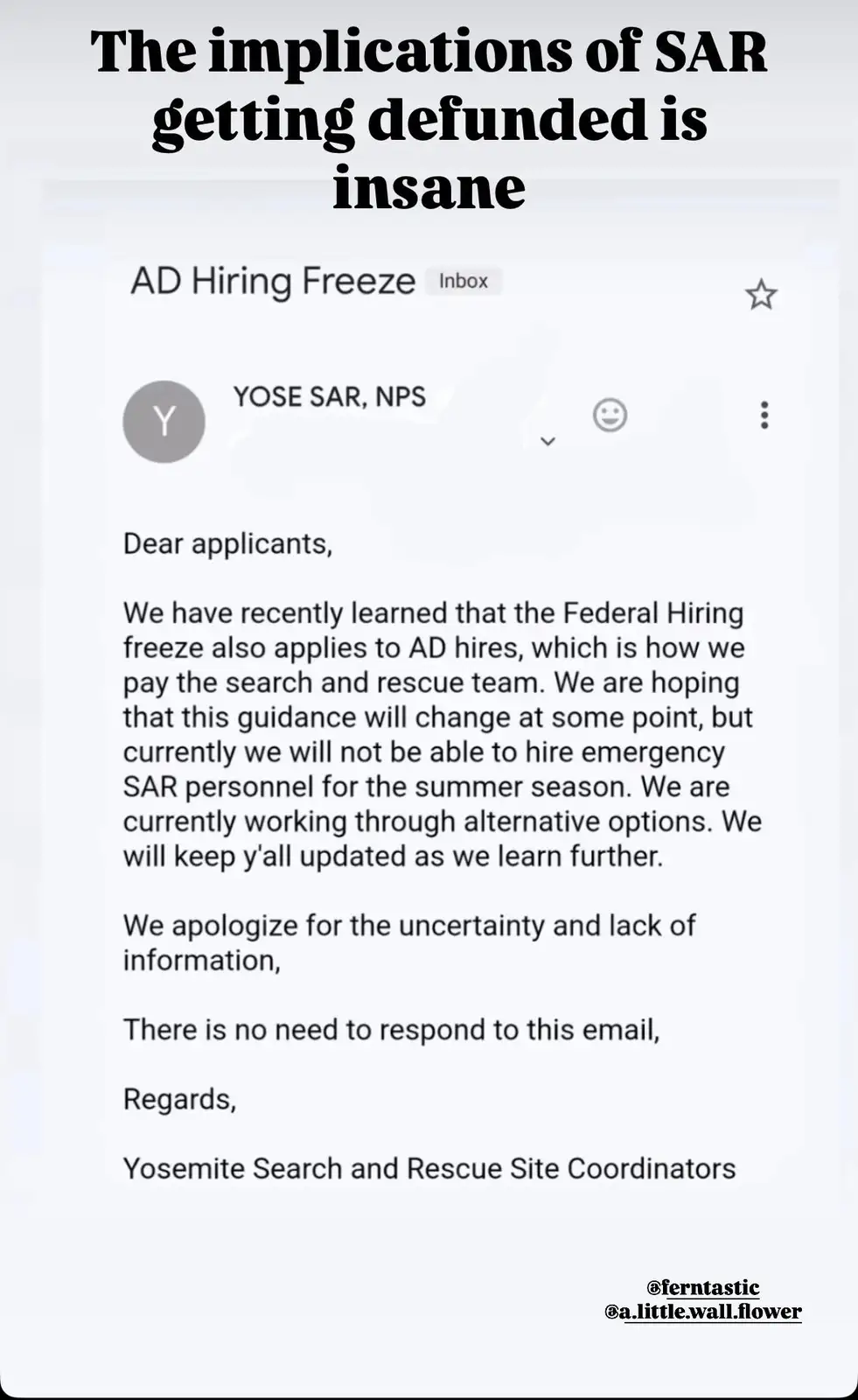 An email from 'YOSE SAR, NPS' titled 'AD Hiring Freeze' explains that a federal hiring freeze impacts their ability to hire…