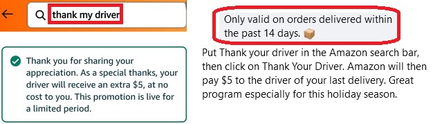 An Amazon webpage screenshot shows a 'Thank my driver' search bar promotion, with a red box highlighting a small text…