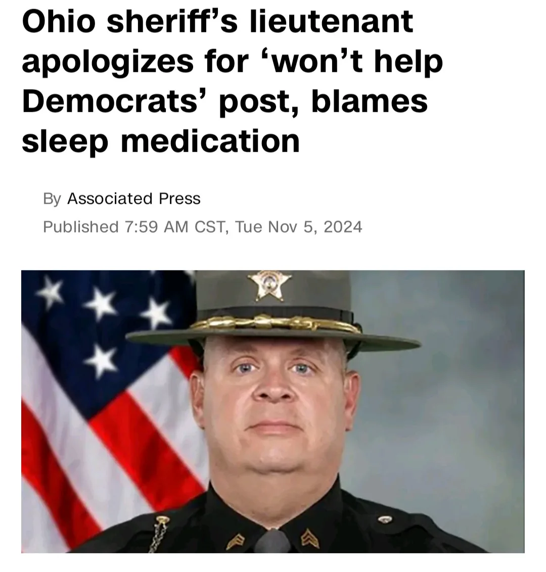 A news headline reads 'Ohio sheriff's lieutenant apologizes for 'won't help Democrats' post, blames sleep medication' above…
