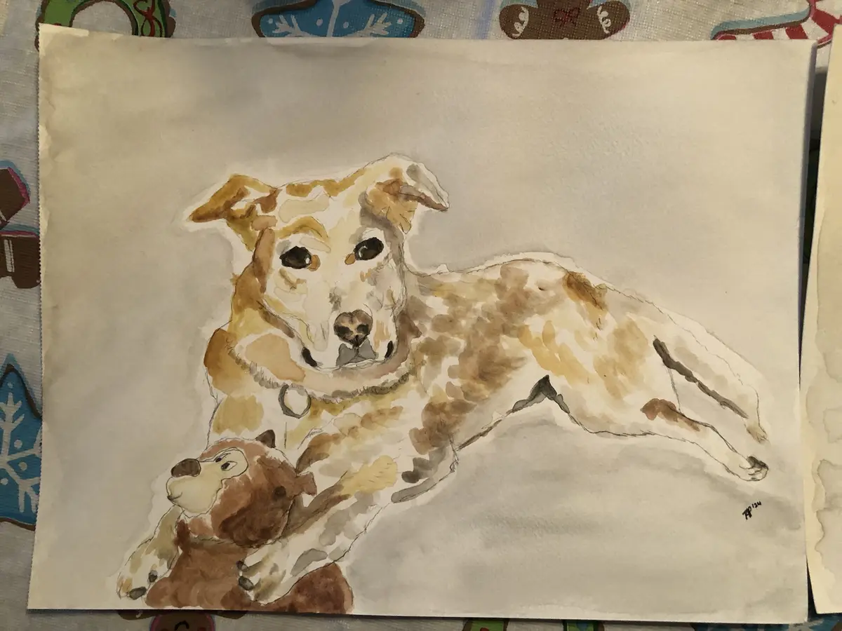 A watercolor painting of a tan and white dog lying down, gently holding a brown stuffed animal toy in its paws. The dog…