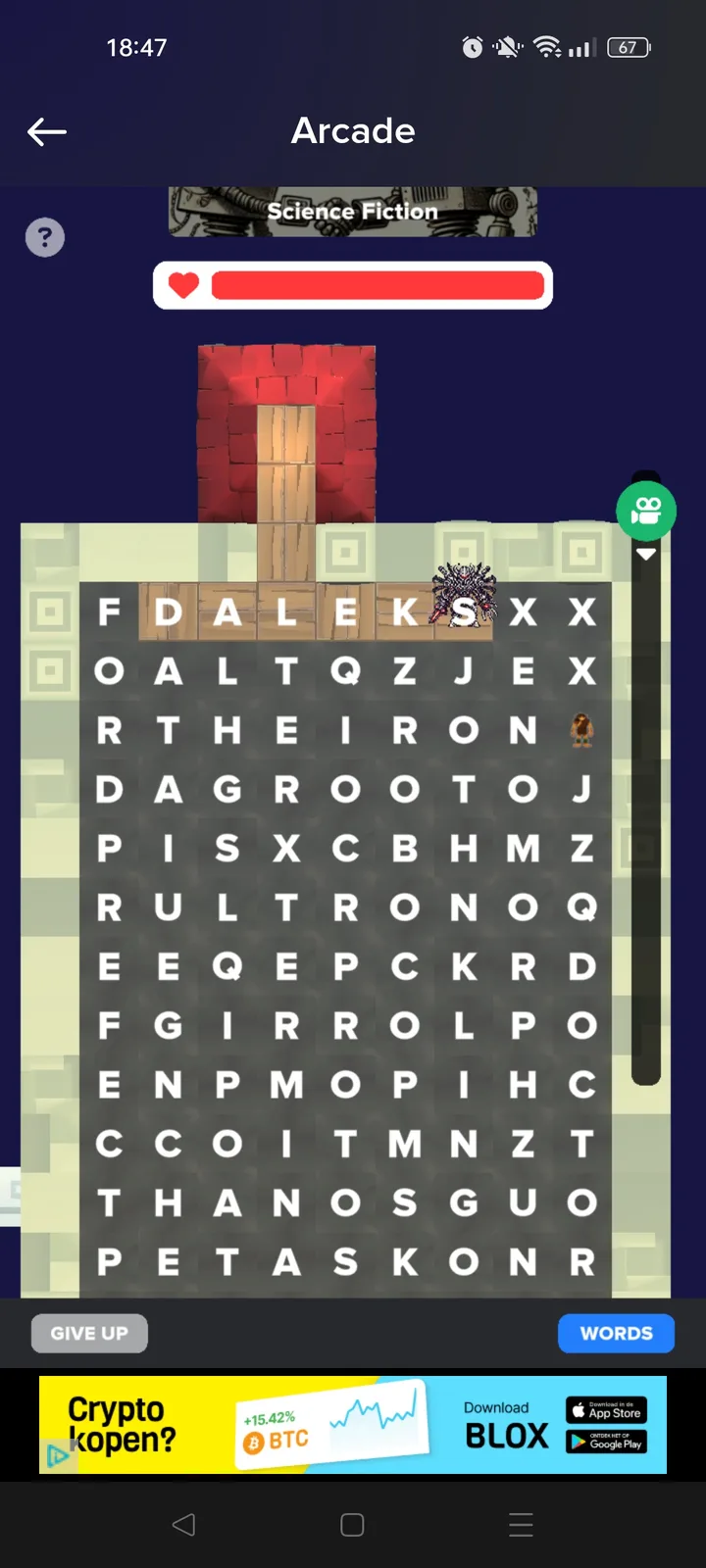 A screenshot of a word search game in the 'Science Fiction' category, where the word 'DALEK' is visible in the grid. A Dalek…