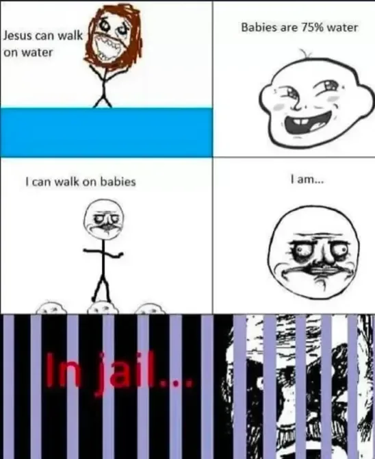 A four-panel comic strip with stick figures and cartoon faces. Top left: a stick figure with wild hair and a grin stands on…