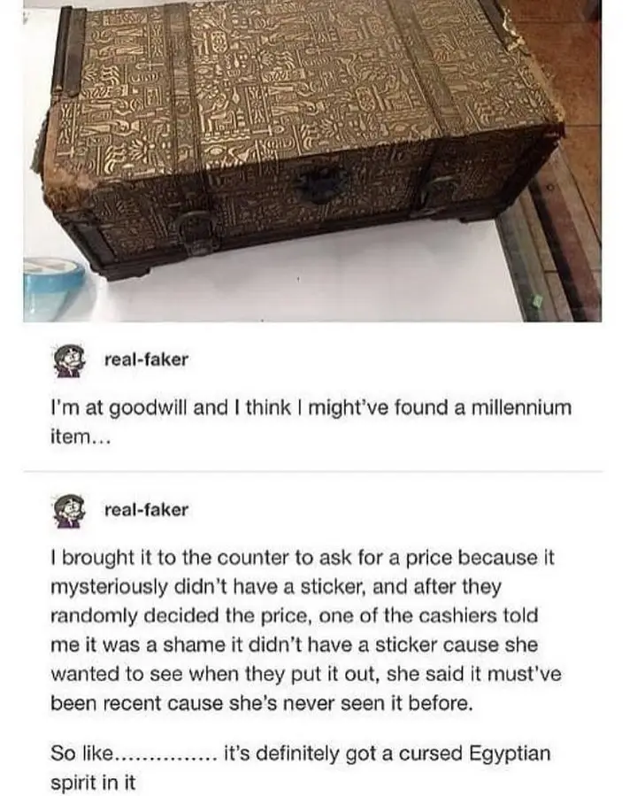 A photo of an ornate, ancient-looking wooden chest with Egyptian hieroglyphs carved into its surface, sitting on a white…