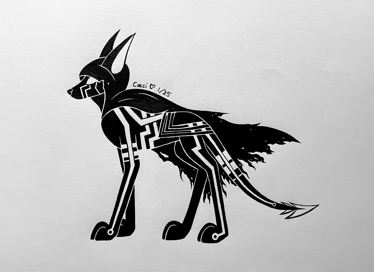 A black-and-white stylized drawing of a canine creature with geometric patterns across its body, standing on a textured…