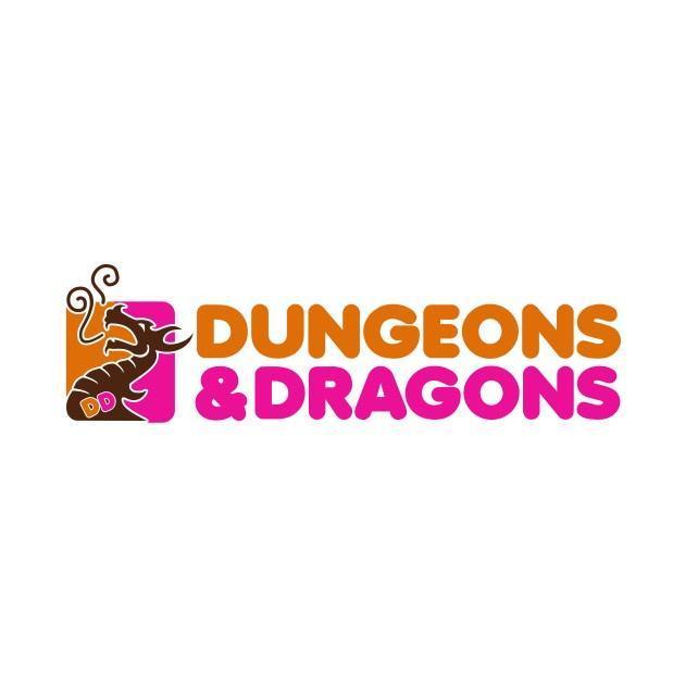 The image displays the official Dungeons & Dragons logo, featuring a stylized brown dragon with a curled tail and wings…