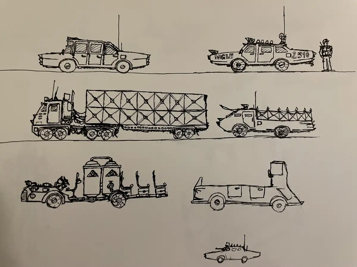 A hand-drawn black-and-white sketch shows six different military-style vehicles arranged in three rows. The top row features…