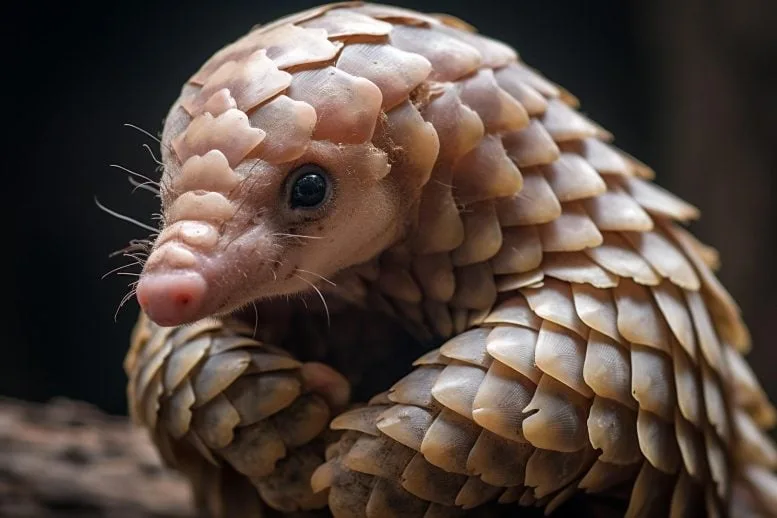 A close-up photograph of a pangolin, showing its distinctive overlapping keratin scales, small dark eye, pink snout, and…