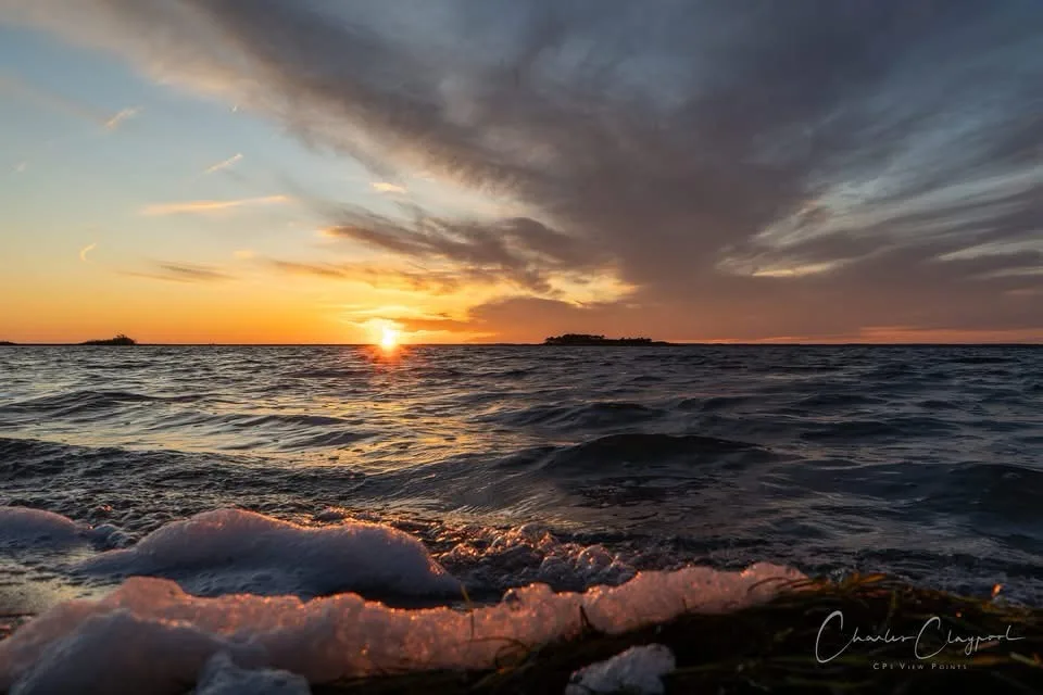 A serene sunset over a body of water with waves crashing onto a shore covered in foam and seaweed. The sky is painted with…
