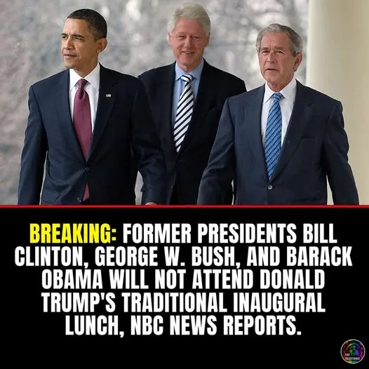 The image shows three former U.S. presidents—Barack Obama, Bill Clinton, and George W. Bush—walking side by side in suits…