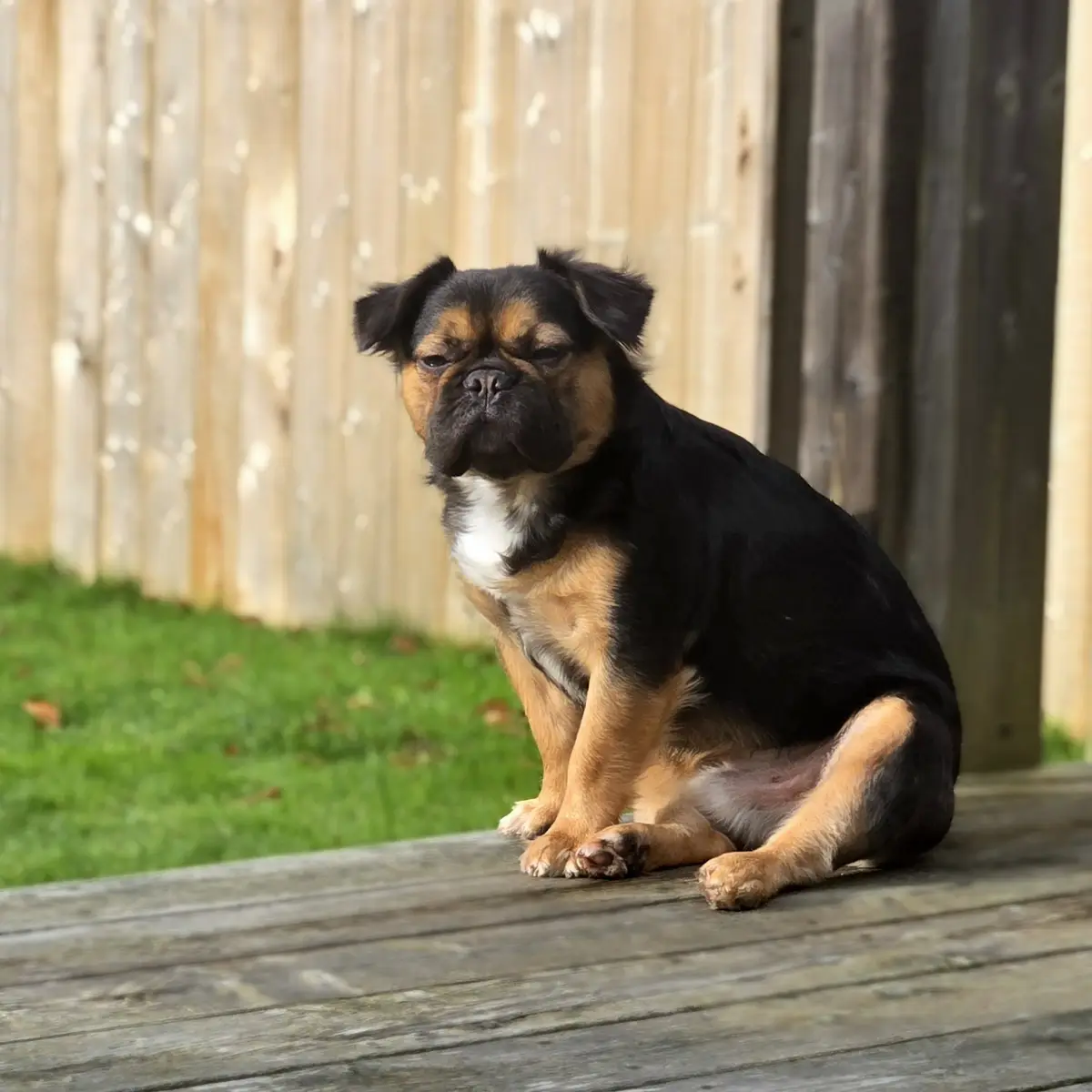 A small black and tan dog with a wrinkled face sits on a wooden deck, looking tired or unimpressed. Behind it is a blurred…
