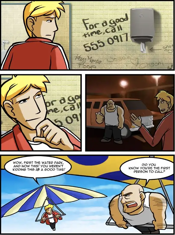A comic strip shows a man finding a phone number written on a wall next to a soap dispenser. He calls, and the scene shifts…