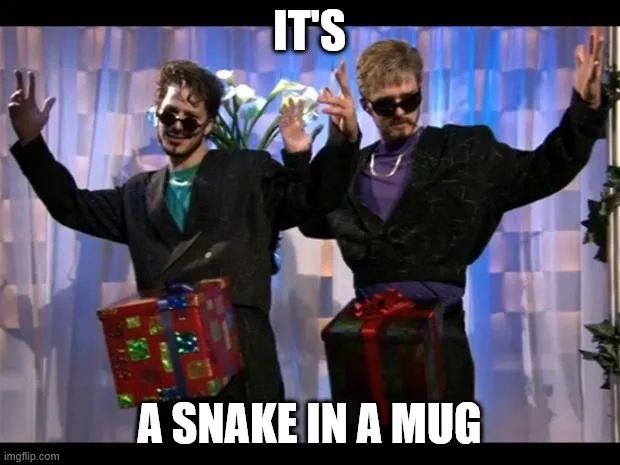 Two men in black suits and sunglasses, posing with arms raised and holding wrapped gifts, stand in front of a blue curtain…