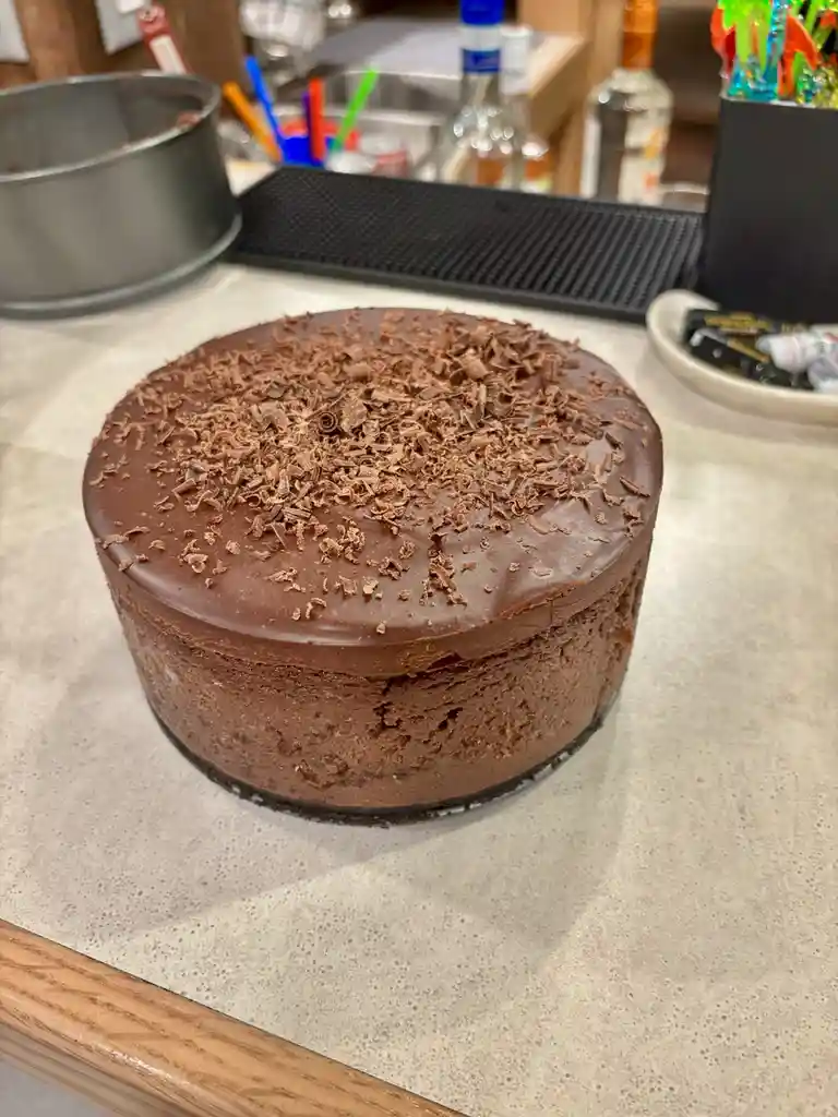 A round chocolate cake with chocolate ganache frosting and chocolate shavings sits on a speckled countertop, likely in a…