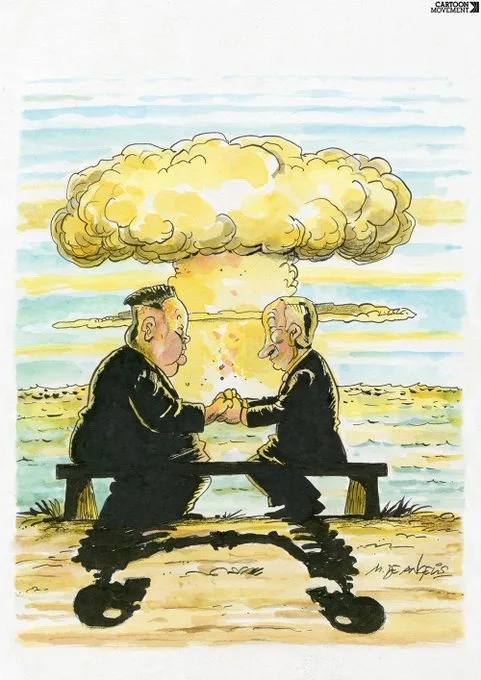 Two men in suits are shaking hands on a bench while a massive yellow mushroom cloud explosion rises directly between them…