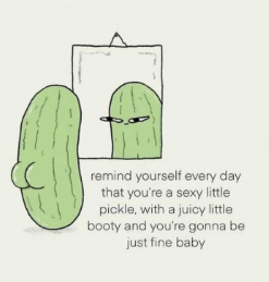 A cartoon drawing of a green pickle standing next to a mirror, which reflects its own image. The pickle has a confident…
