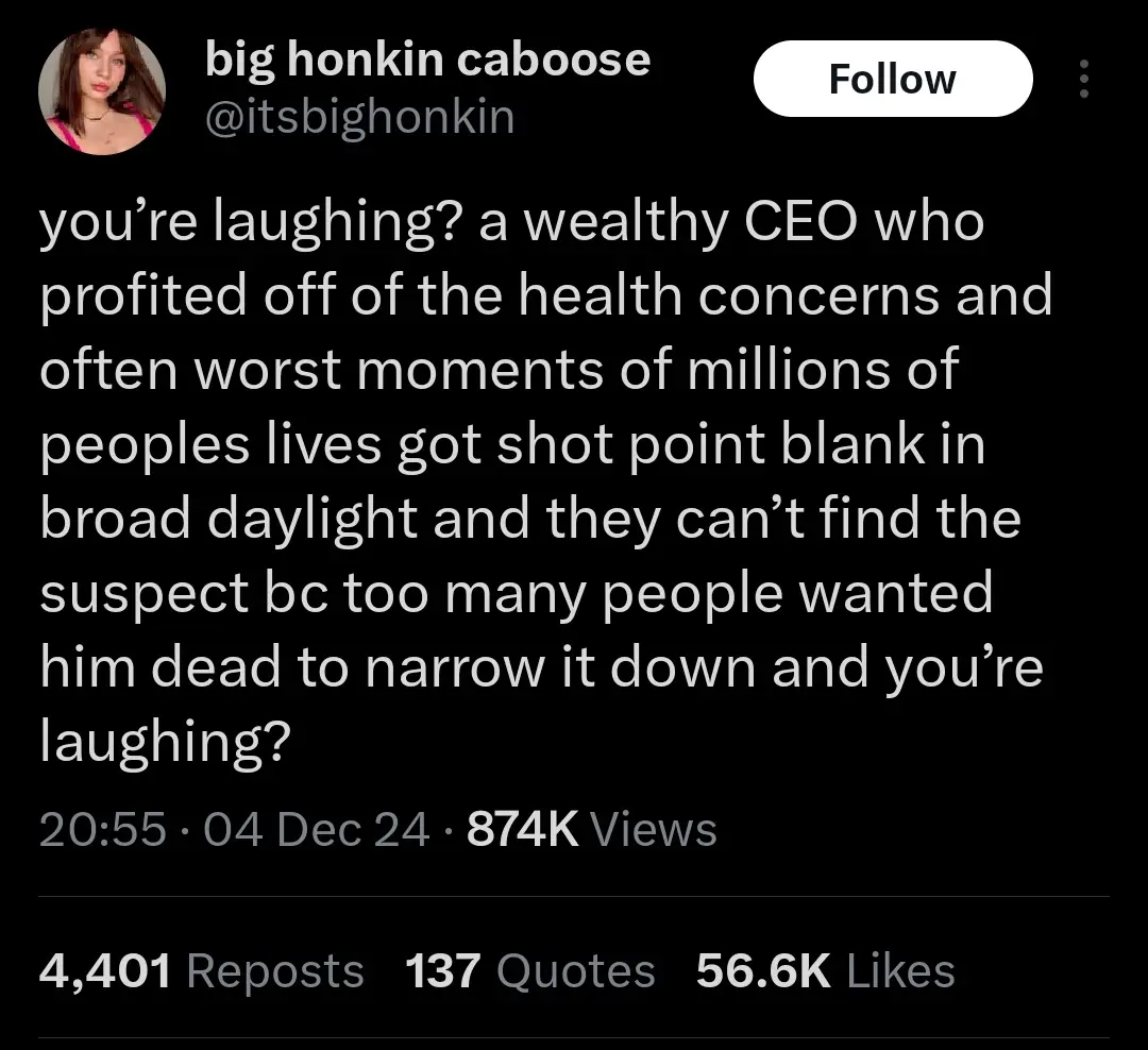 A screenshot of a social media post by 'big honkin caboose' with white text on a black background. The text is a rhetorical…