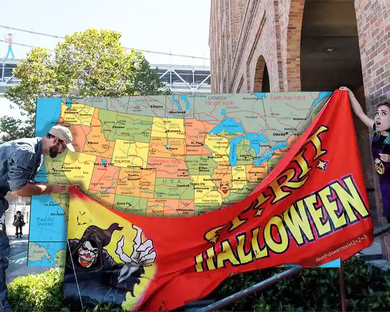 A man and a woman are holding a large red Halloween flag with a clown design, partially obscuring a map of North America…
