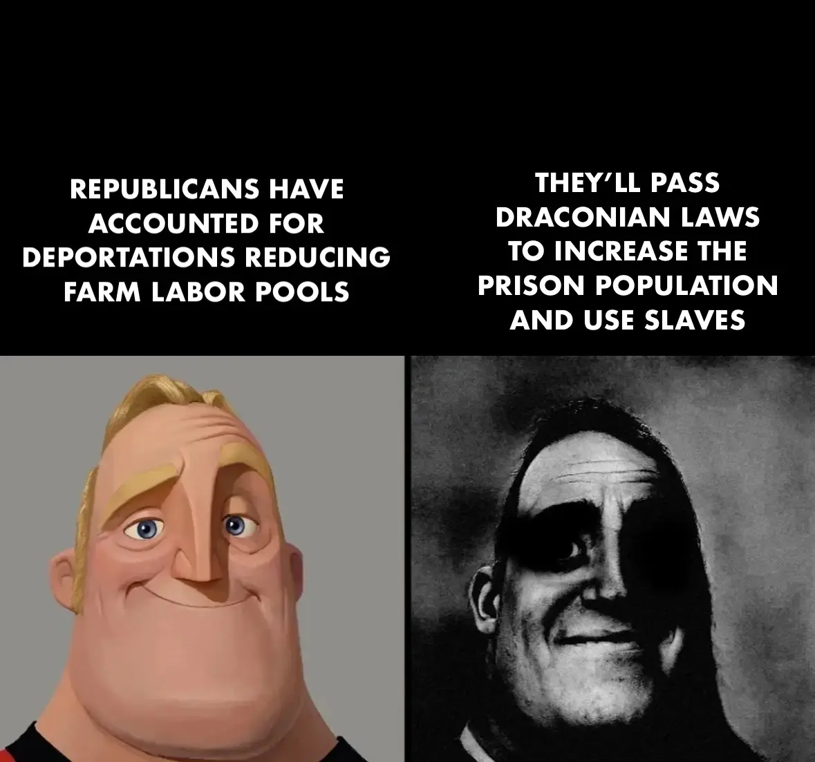 The image is split into two panels. The left panel shows a cartoon man with a smug, confident expression, while the right…