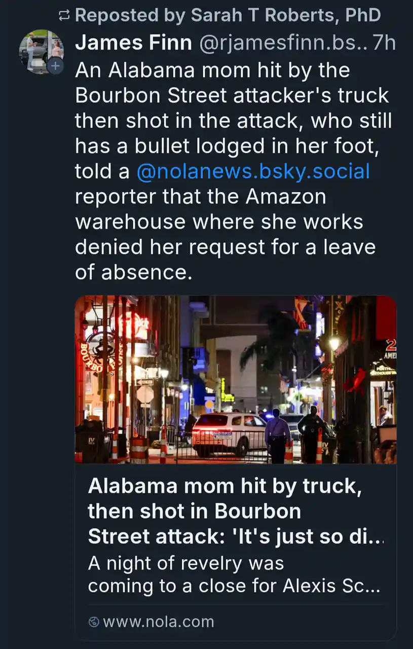 A screenshot of a social media post shows a nighttime photo of Bourbon Street with police officers and a police car. The…