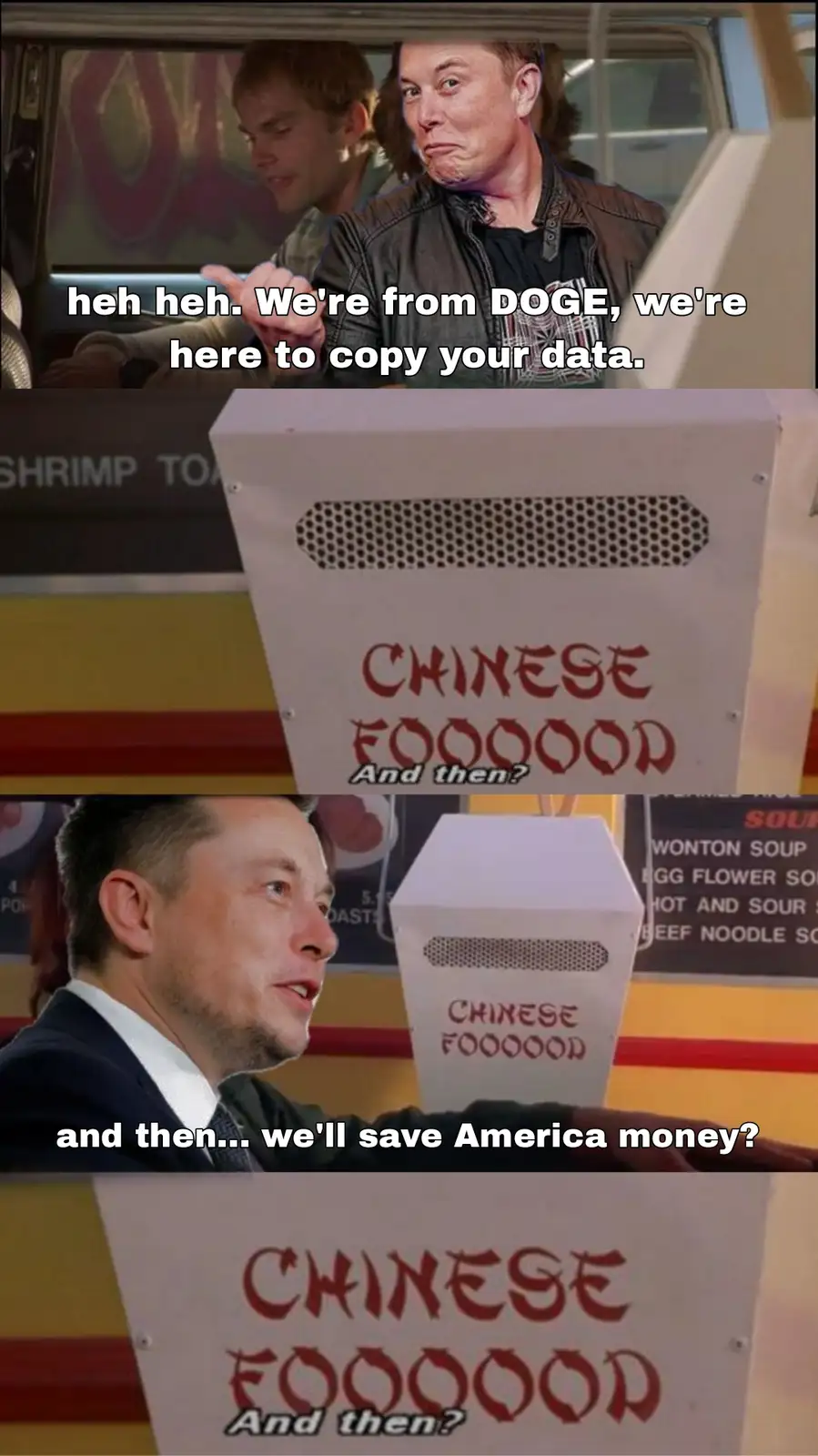 The meme features two panels. The top panel shows Elon Musk in a car with a smug expression, overlaid text reads 'heh heh…