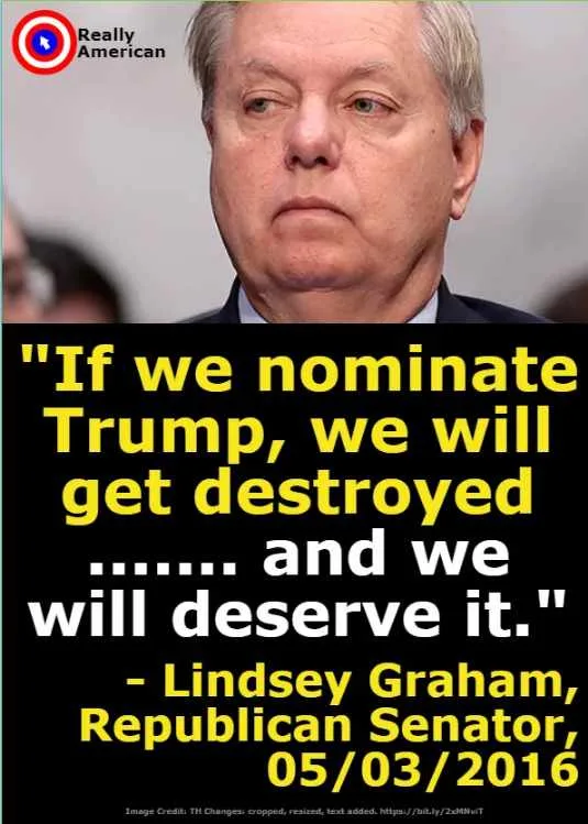 A close-up photo of Lindsey Graham with a serious expression, overlaid with large yellow and white text quoting him as…