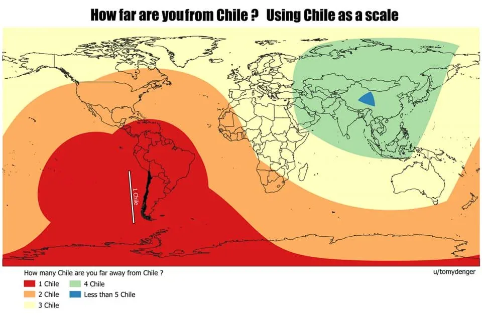 A world map uses concentric color zones radiating from Chile to show distance, with a legend indicating how many 'Chiles'…