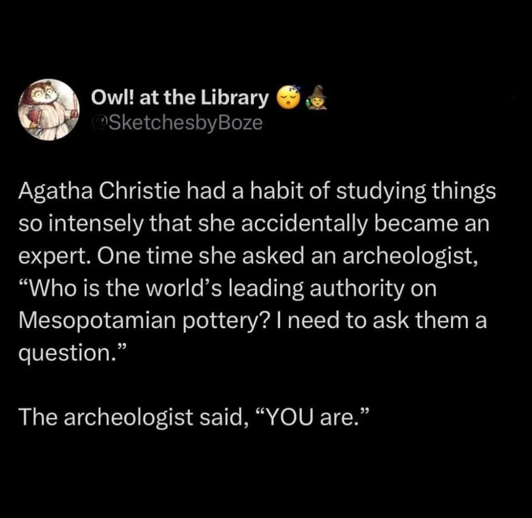 A black-background image displays a text-based joke attributed to 'Owl! at the Library' with a sketch of an owl holding a…