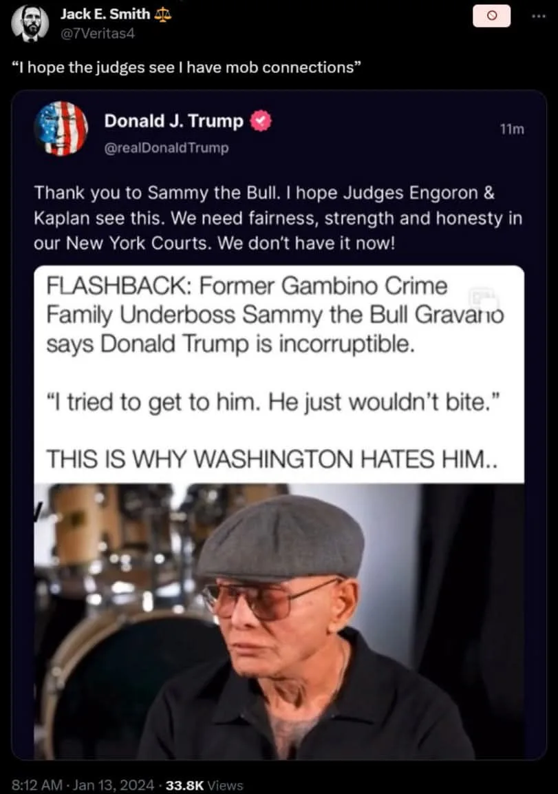 A screenshot of a social media post by Jack E. Smith showing a tweet from Donald J. Trump thanking Sammy the Bull. The tweet…