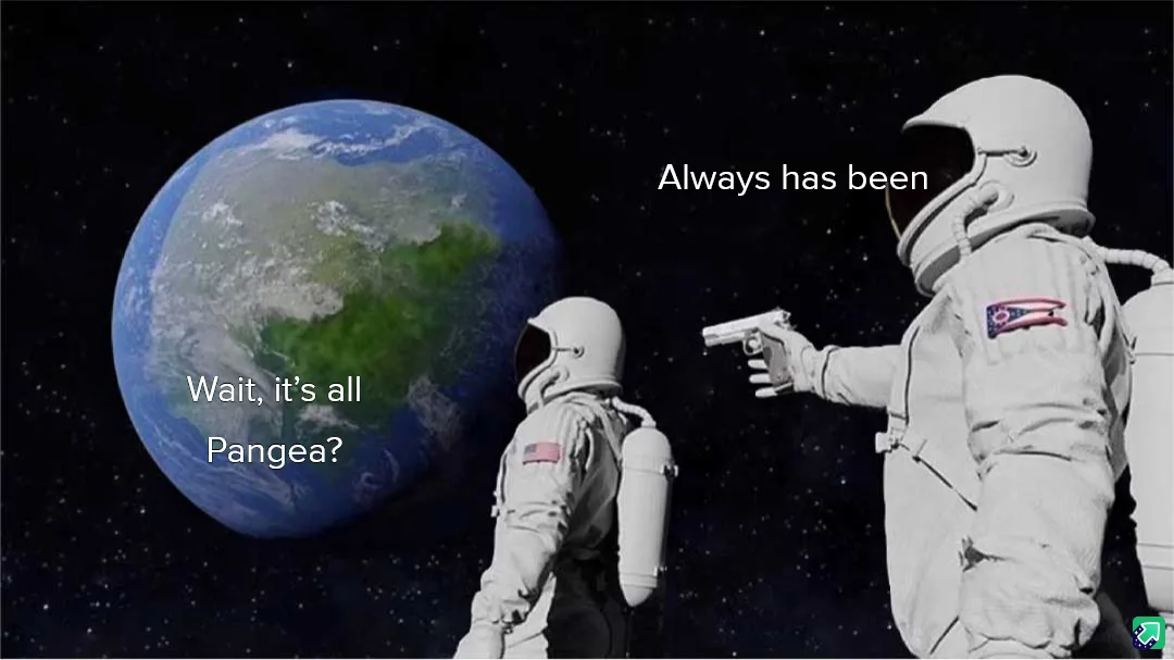 Two astronauts in space suits stand before Earth, one holding a gun pointed at the planet. Text overlaid on the image reads…
