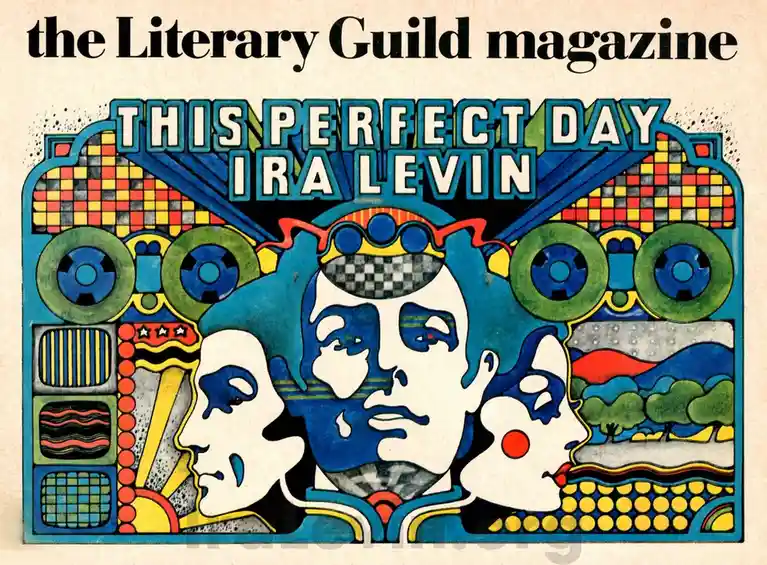 A vintage magazine cover for 'The Literary Guild magazine' featuring the book 'This Perfect Day' by Ira Levin. The artwork…