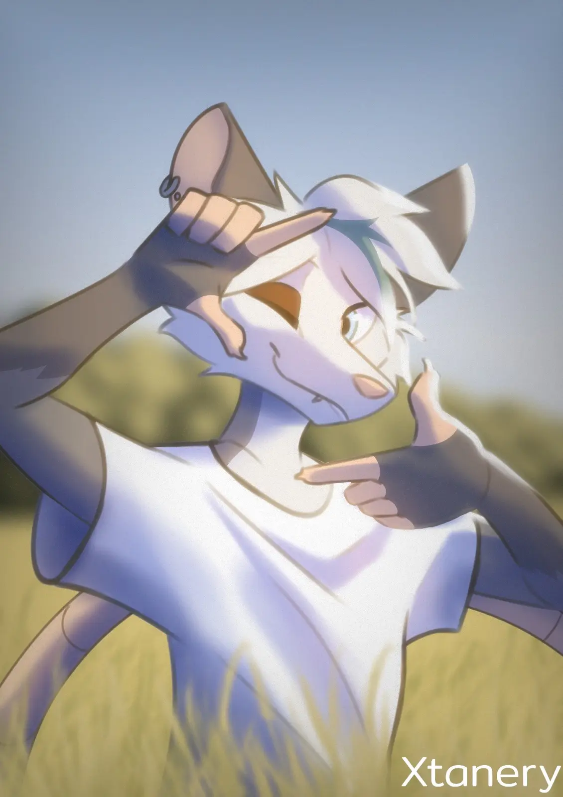 An anime-style anthropomorphic fox with white and light purple fur, wearing a white t-shirt and dark fingerless gloves…