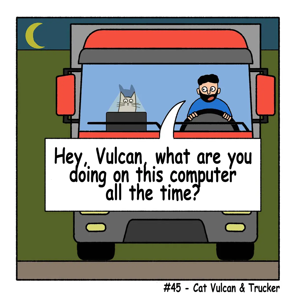 A cartoon depicts a trucker with a beard driving at night under a crescent moon, while a cat with a blue mohawk sits in the…