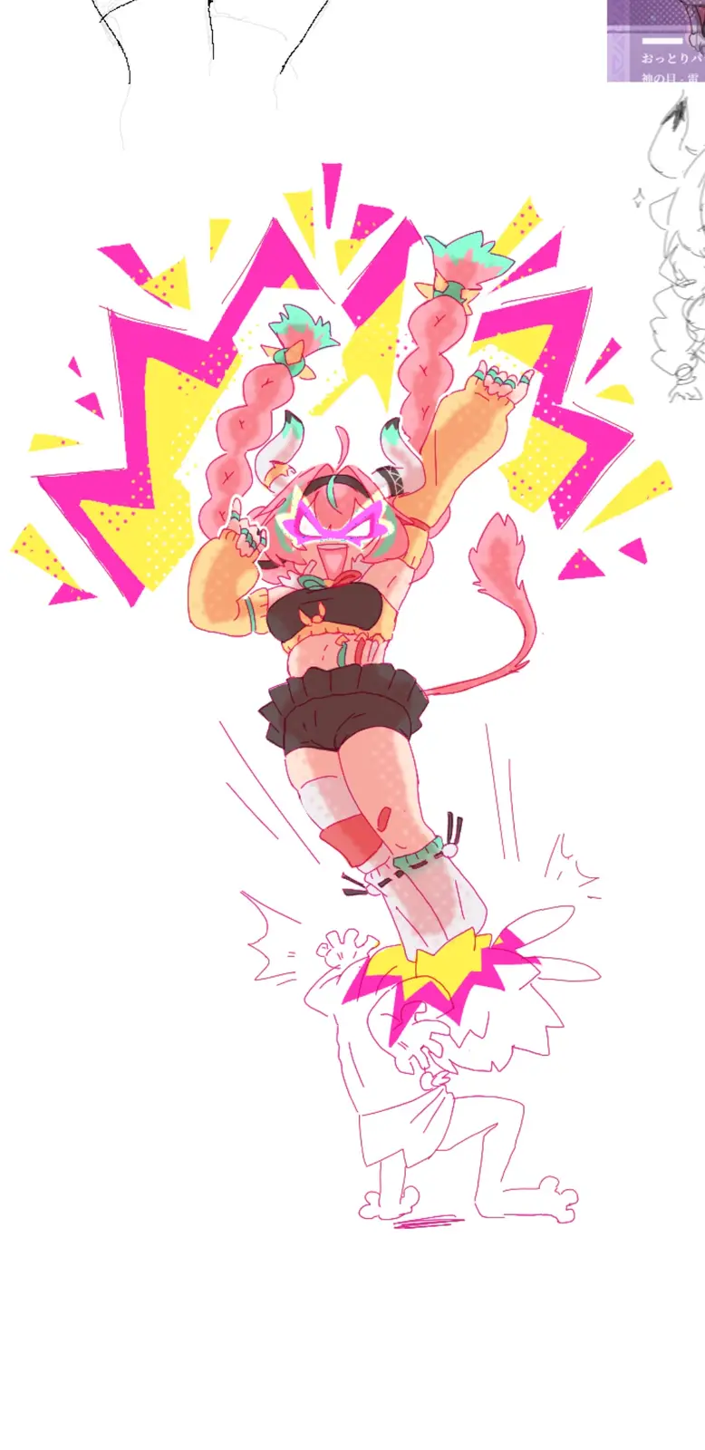 An anime-style illustration shows a pink-haired, muscular female character in a black bikini top and shorts, standing…