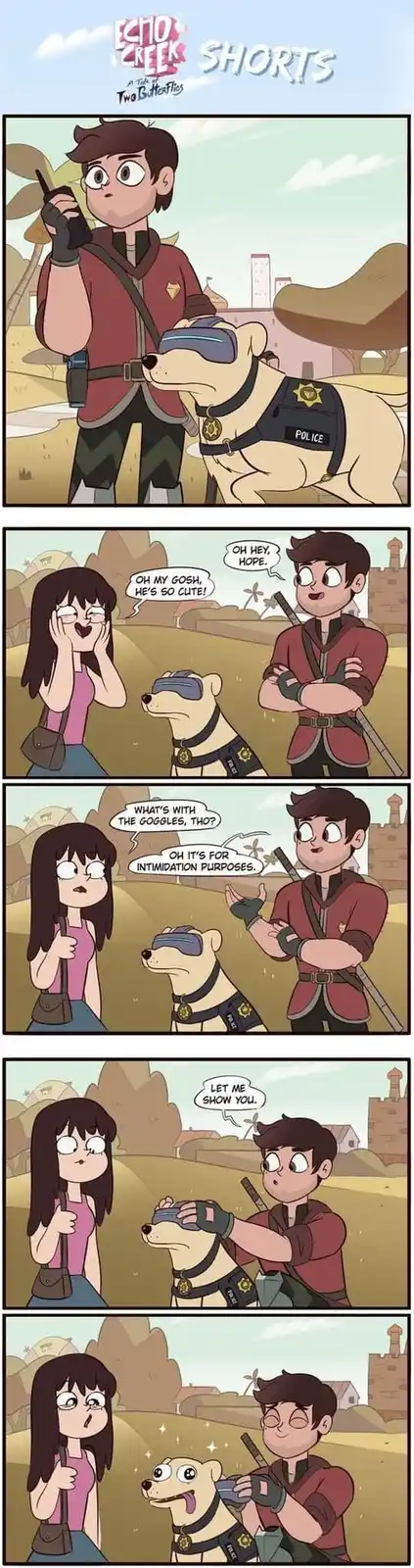 A four-panel comic from 'Echo Creek Shorts' shows a police officer with a K-9 dog wearing a blindfold. A woman initially…