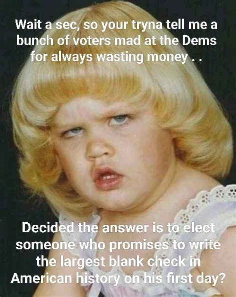 A photo of a young child with a blonde wig and a skeptical, unimpressed facial expression. White text is overlaid in two…