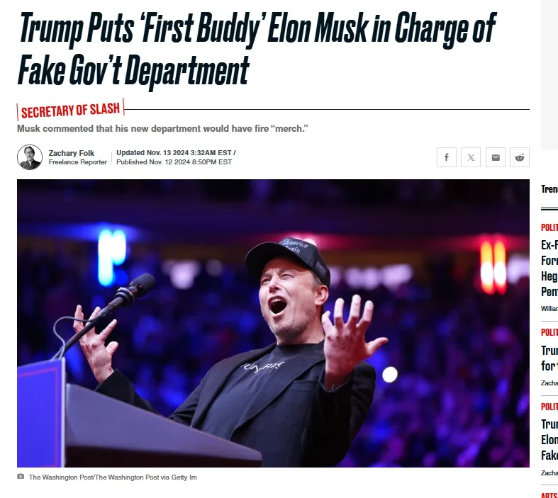 A screenshot of a fake Washington Post article with the headline 'Trump Puts 'First Buddy' Elon Musk in Charge of Fake Gov't…