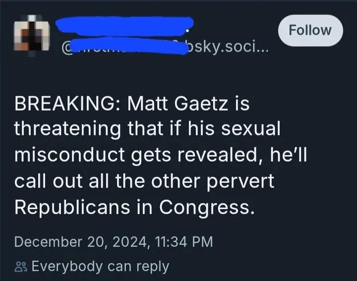 A screenshot of a social media post with a dark background, showing a blurred profile picture and username, and a 'Follow'…