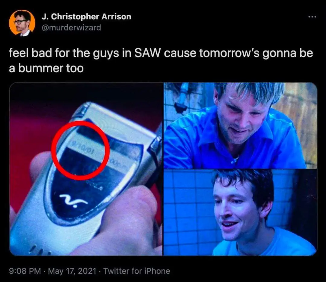 The image is a three-panel meme from the movie 'Saw'. The left panel shows a close-up of a flip phone with a red circle…