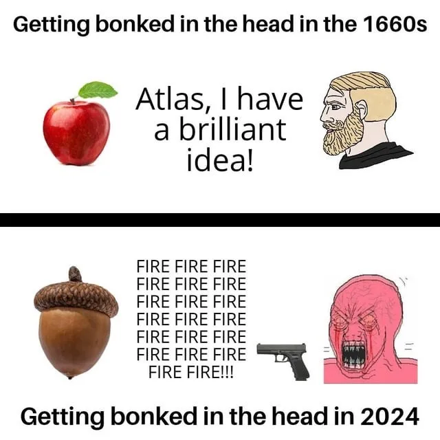 The meme contrasts two scenarios: top panel shows a red apple next to a cartoon Atlas saying 'Atlas, I have a brilliant…