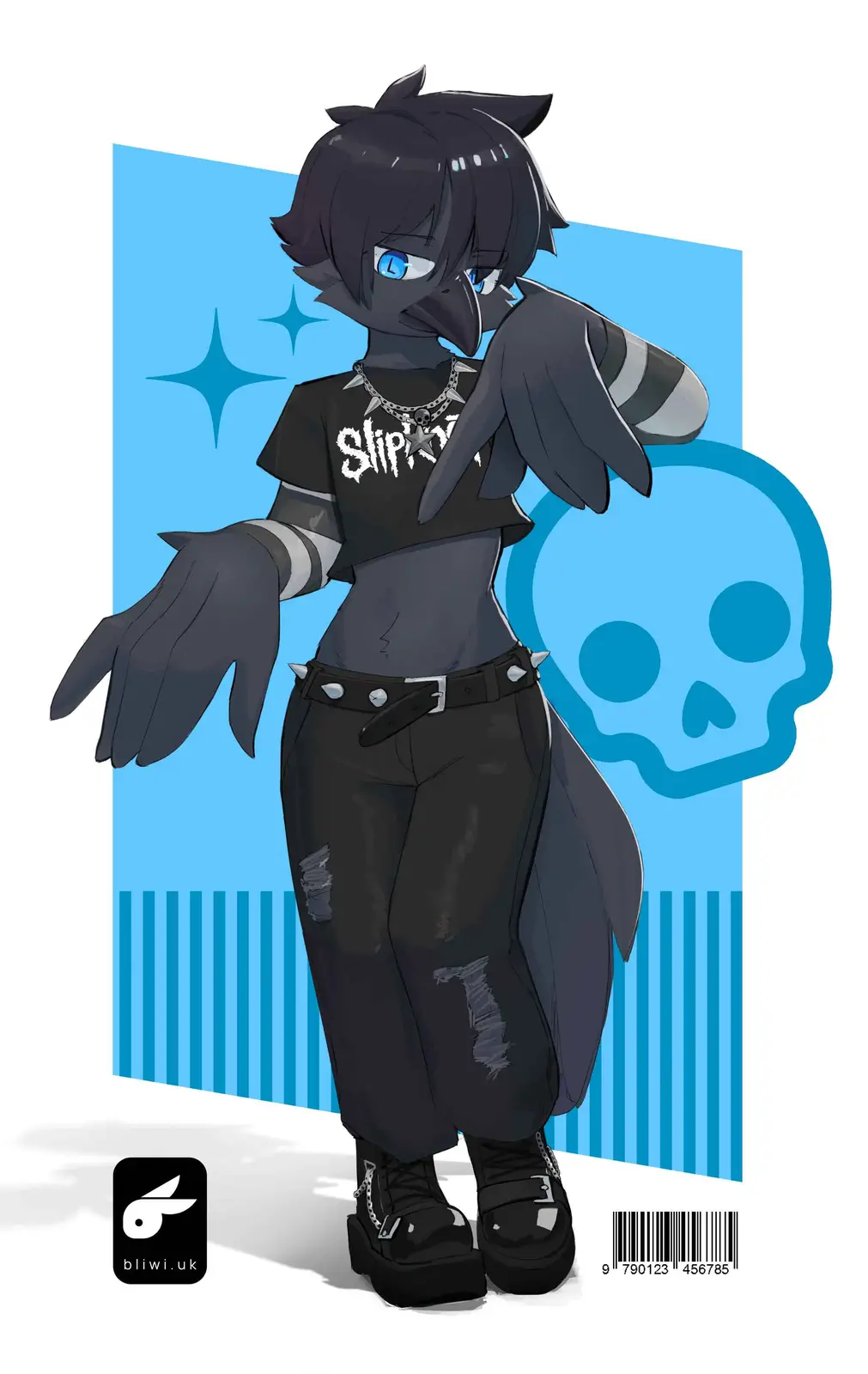 An anime-style anthropomorphic crow with blue eyes and black feathers poses confidently in punk attire, including a black…