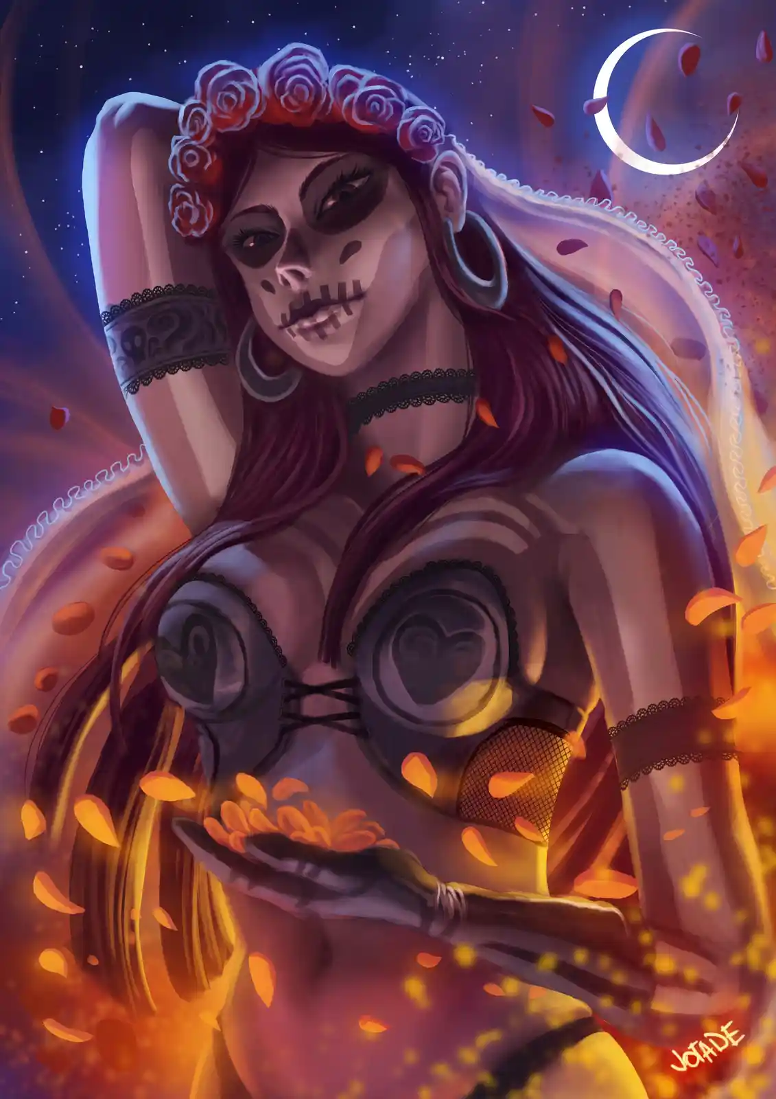 A digital illustration of a woman with a sugar skull face, long dark hair, and a red rose crown, wearing ornate black lace…