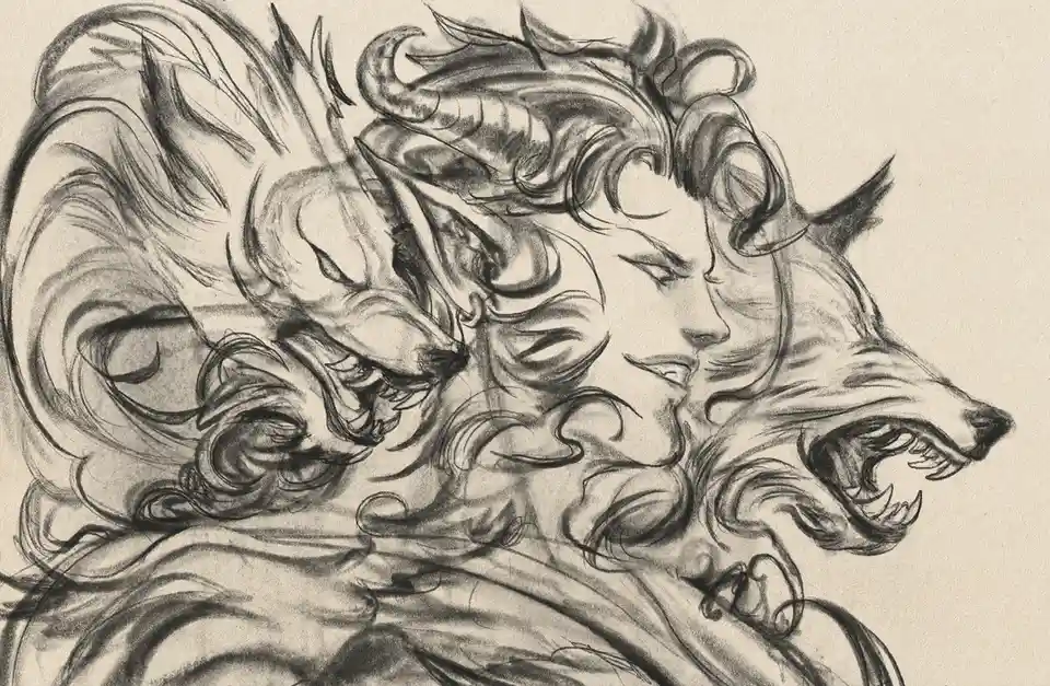 A charcoal sketch depicts a fantastical creature with three distinct heads: a human face with closed eyes, a demonic…