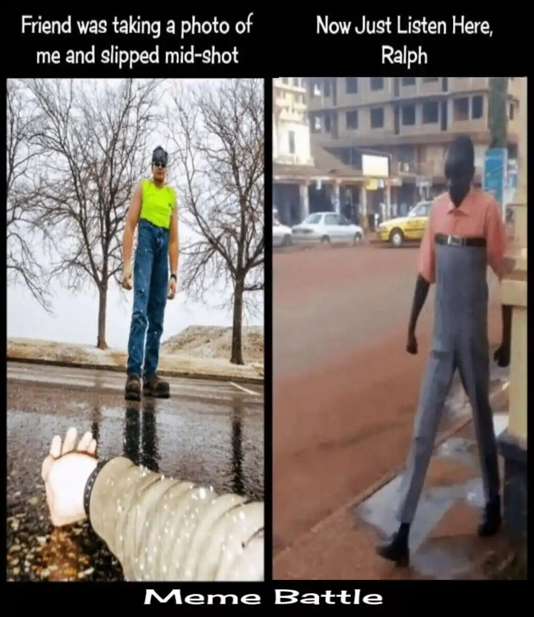 The image is a two-panel meme. The left panel shows a person in a bright yellow tank top and blue jeans standing on a wet…