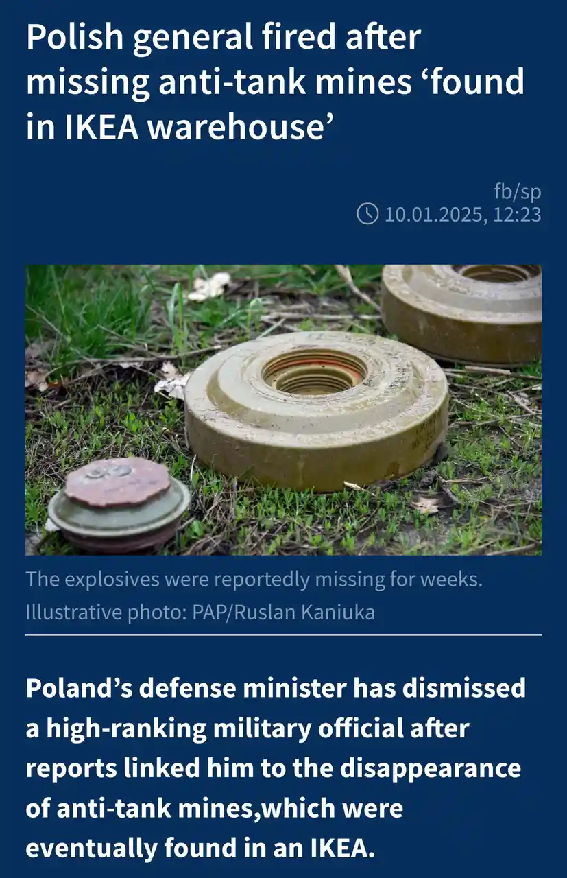 The image displays a news article layout with a photo of several anti-tank mines lying on grass. The headline and body text…