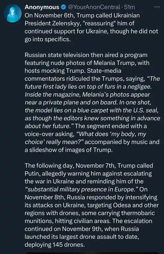 This image is a screenshot of a tweet from 'Anonymous @YourAnonCentral' detailing a sequence of events: Trump's call to…
