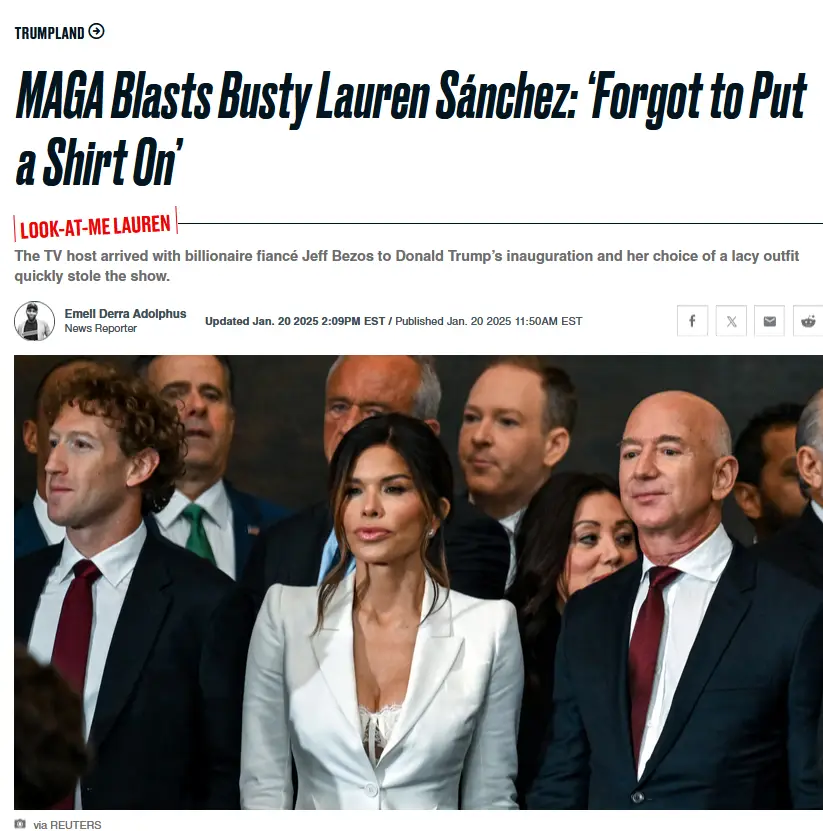 A screenshot of a news article headline about Lauren Sánchez wearing a white blazer with a visible lace bra underneath at an…