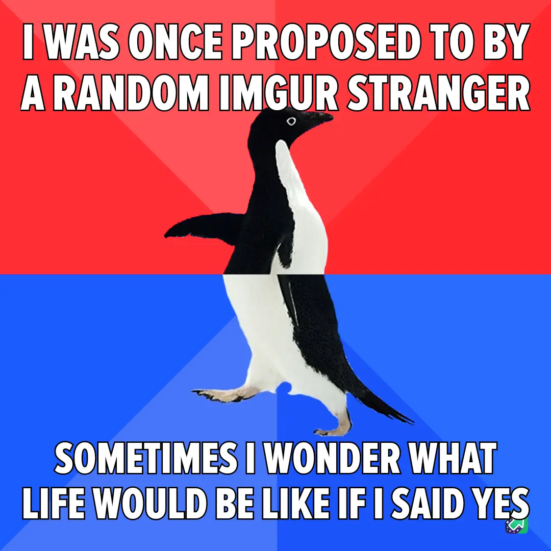 A black-and-white penguin stands centered against a red-and-blue background, with bold white text overlaid. The top text…