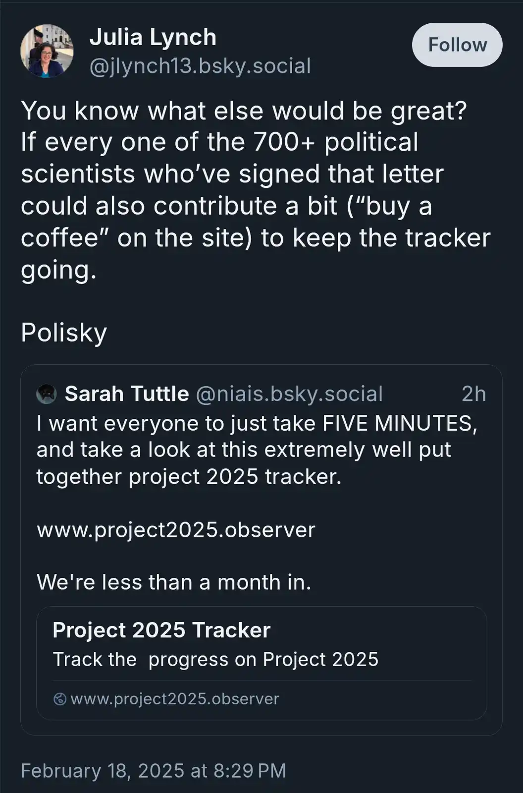 A screenshot of a Bluesky social media thread shows Julia Lynch suggesting that the 700+ political scientists who signed a…