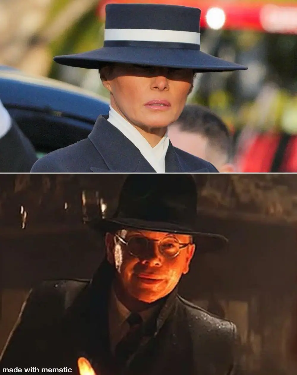 The top panel shows a woman in a dark blue wide-brimmed hat with a white band, obscuring her eyes, wearing a matching suit…